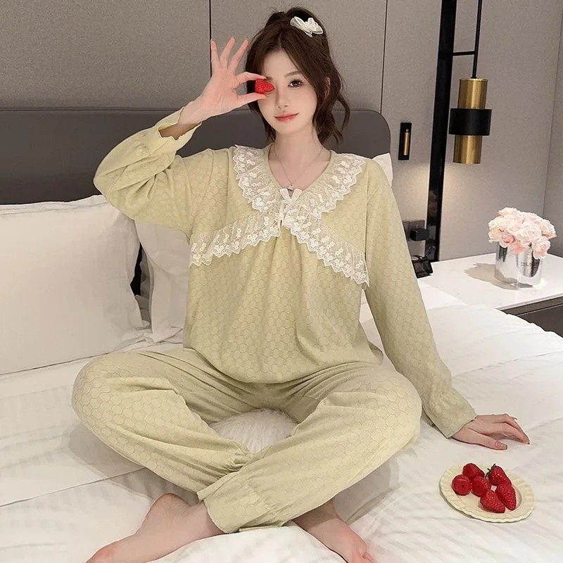 Jacquard pajama woman spring and autumn sweet princess wind long sleeve pants plus size 105KG homestays can be worn sleepwear