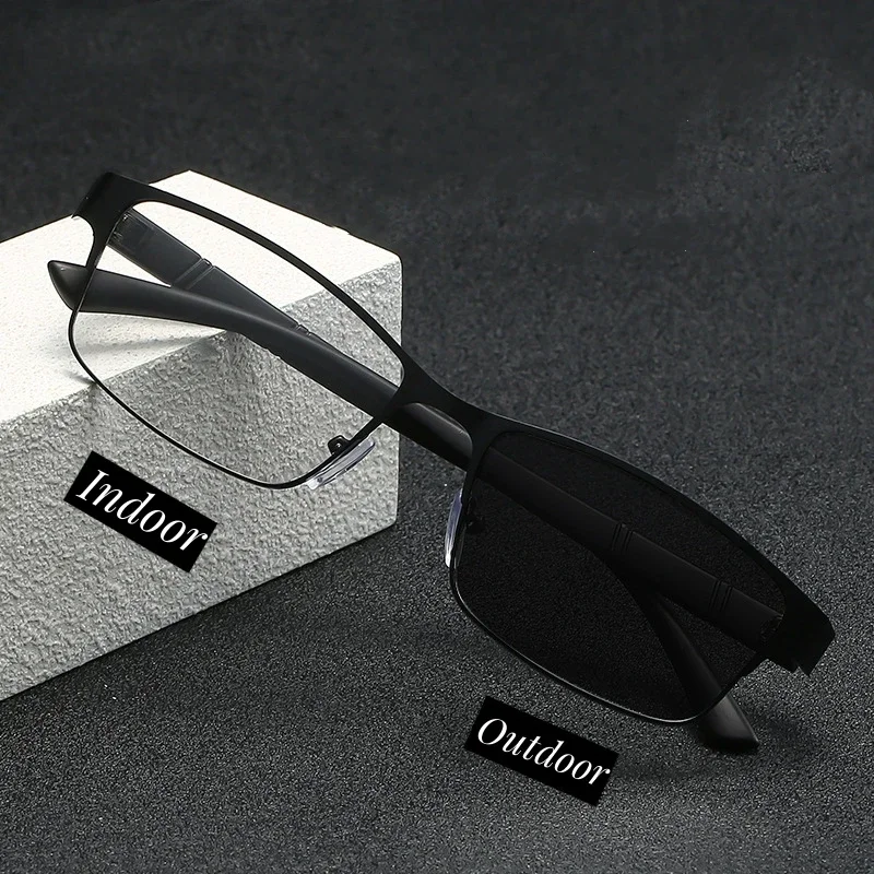 Business Men\'s Photochromic Myopia Glasses Unisex Half Frame Square Near Sight Eyeglasses Optical Prescription Minus Eyewear