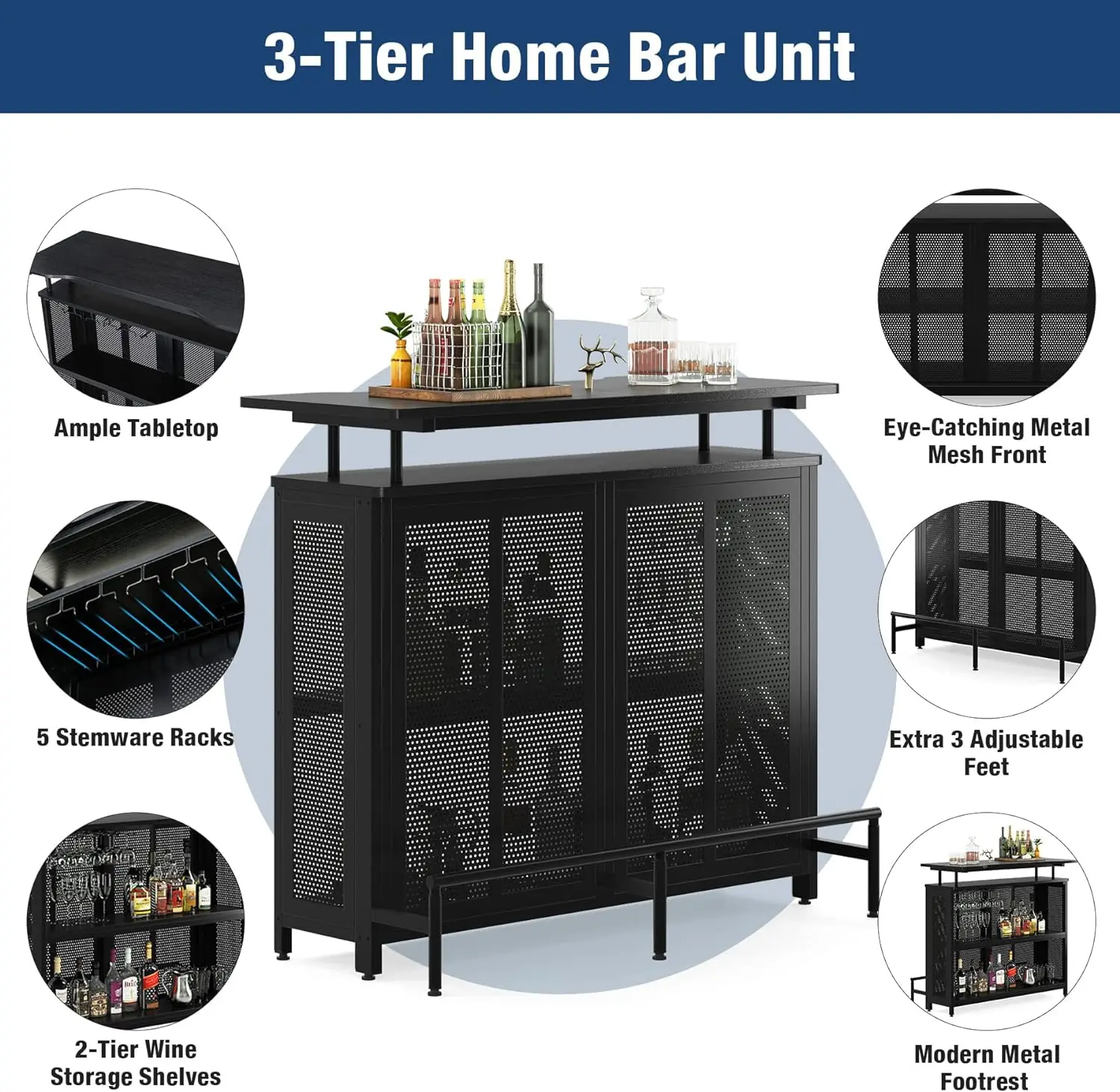 Home Bar Unit, 3 Tier Liquor Bar Tafel Met Glaswerk Rekken En Wijn Opslag Planken, Wijnkast Mini Bar Voor Thuis Keuken