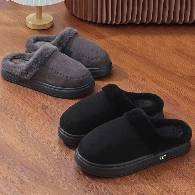 2026 Winter Thick Sole Suede Cotton Slippers Men Anti Slip Thicken Warm Fluffy Fur Home Slides Soft Sole Platform Plush Slippers