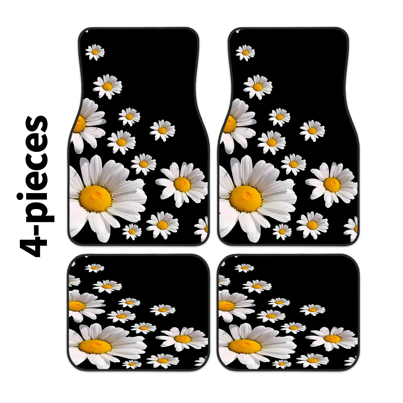 2D 4pcs Set High-End Chamomile Daisy Print Car Floor Mats - Easy To Clean And Maintain, Suitable As Decorative And Protective Ac
