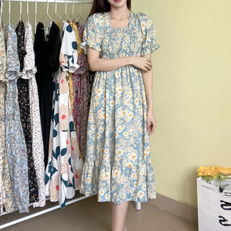 Spring Summer Elastic Waist Chiffon Dress Women Casual Dresses Vestidos Fashion Female Short Sleeve Pleated A-line Dresses