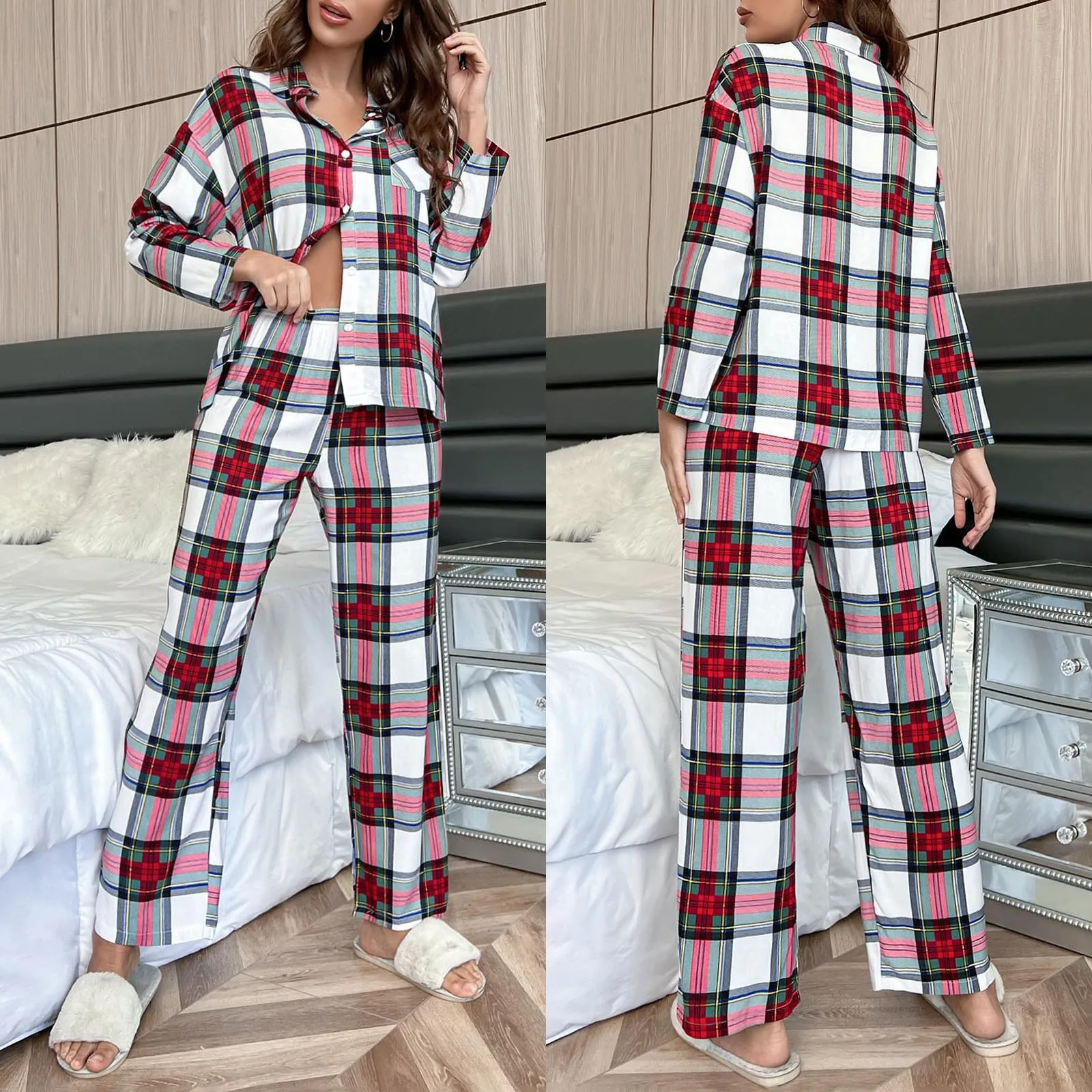 Women\'s Casual Plaid Print Pajama Sets Long Sleeve Button Down Sleepwear Soft Sets Female Fashion Turndown Collar Homewear Sets