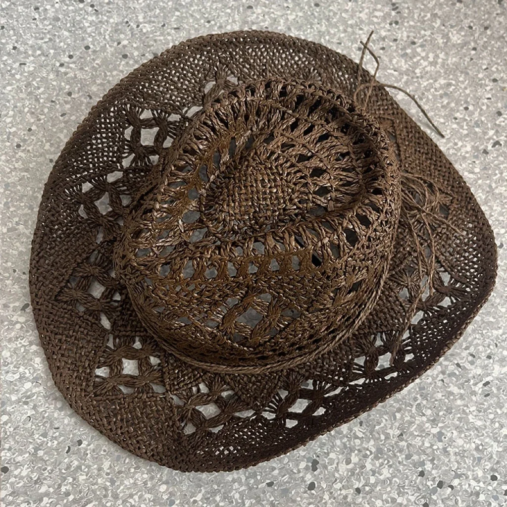 Straw Western Cowboy Hat for Women Men Classic Vintage Hollow Out Unisex Curled Wide Brim Sun Hat Fishing Hat Climbing Cap image 3