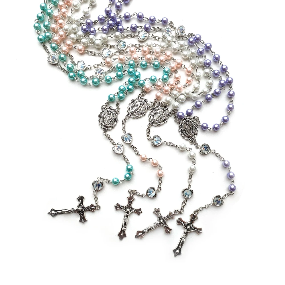 QIGO Rosenkranz-Halskette aus Glasimitat, langes Kruzifix, Kreuz-Anhänger, religiöser Schmuck