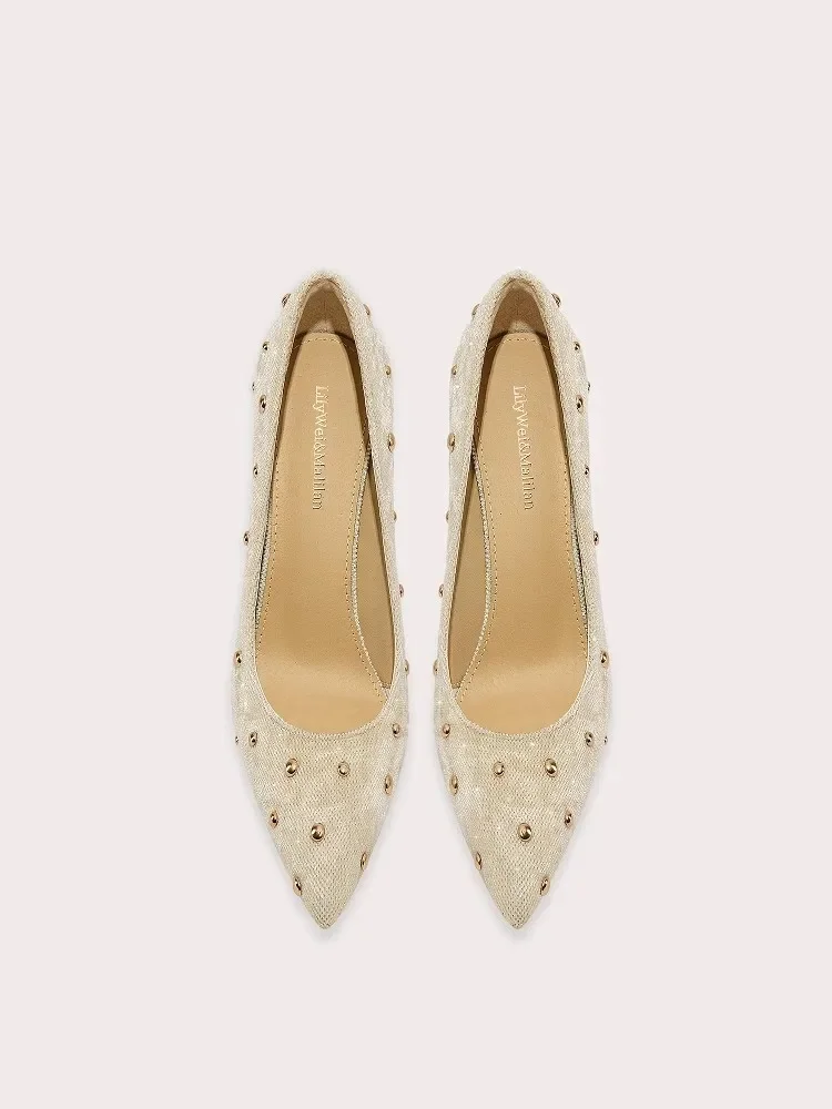 Spring and autumn new pointed shallow rivet cloth flat shoes thin high-heeled banquet dress large size small size women's shoes