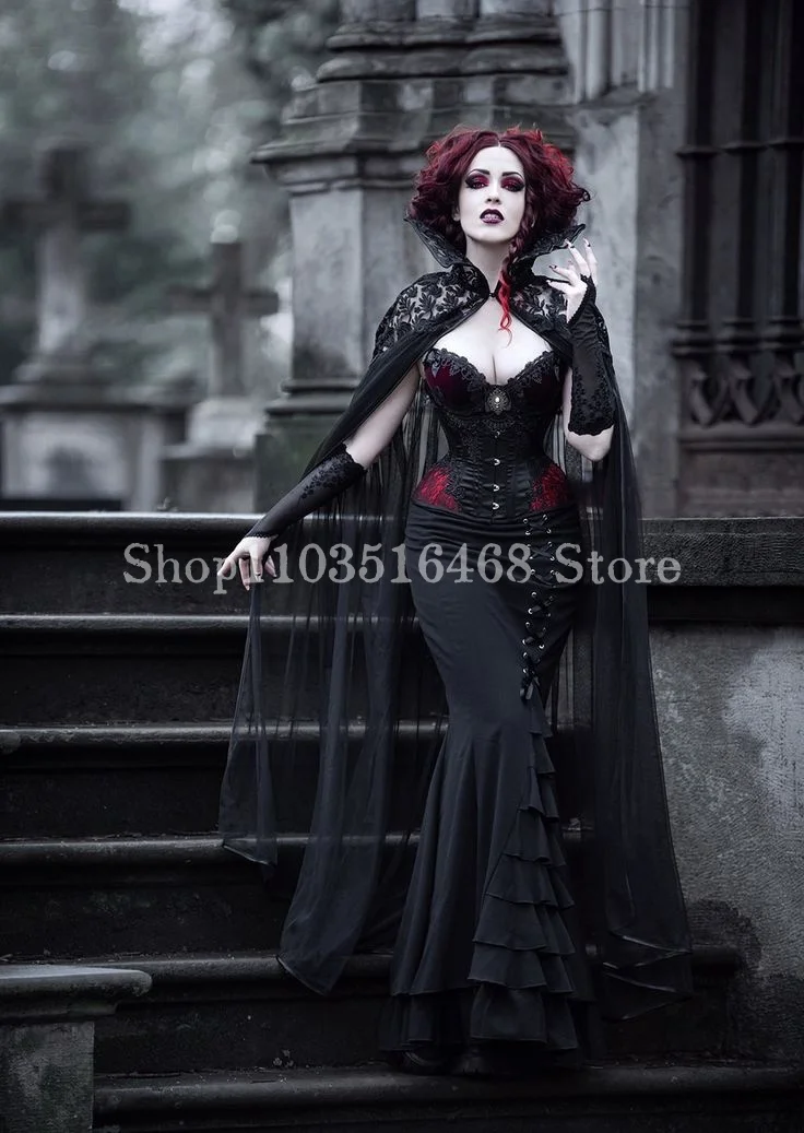 Vestidos de noiva de sereia gótica com xale, Vestidos de baile preto e branco, Espartilho vintage, Festa vitoriana longa