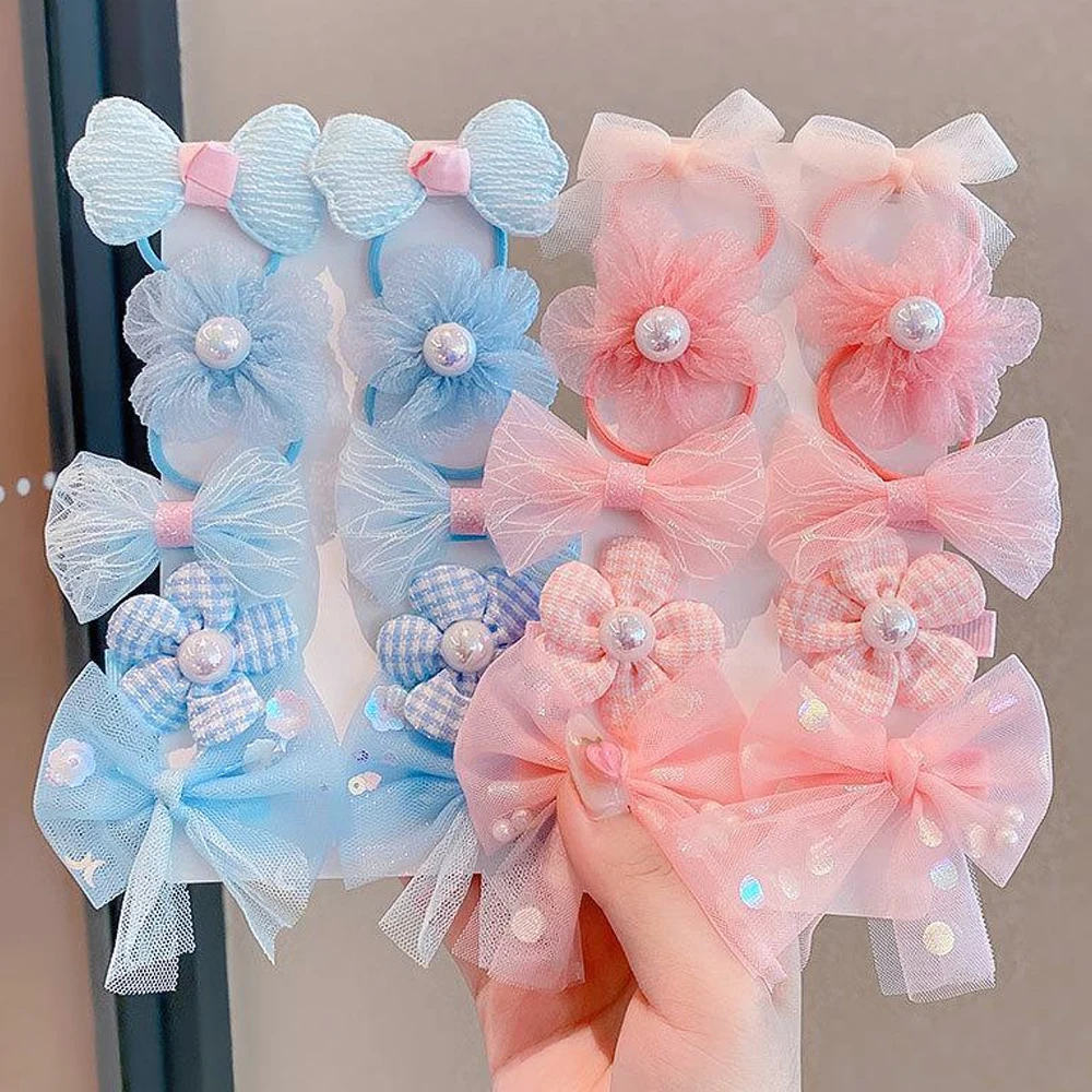 10pcs Bowknot Flower Hair Clips Scrunchies Set Kids Organza Charms Hair Ties Sweet Side Bangs Barrettes For Toddler Girls