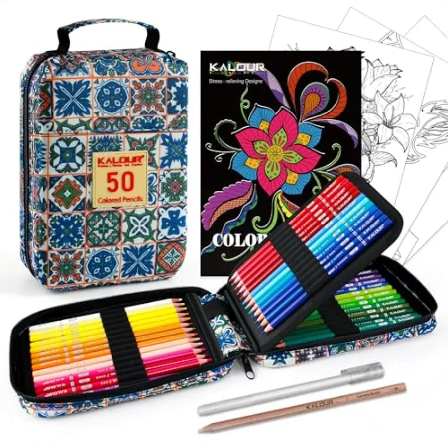 

Premium Colored Pencils for Adult Coloring BookSet of 50 Colors with Zipper Slot Pencil Case Soft Core Ideal for Layering Blend