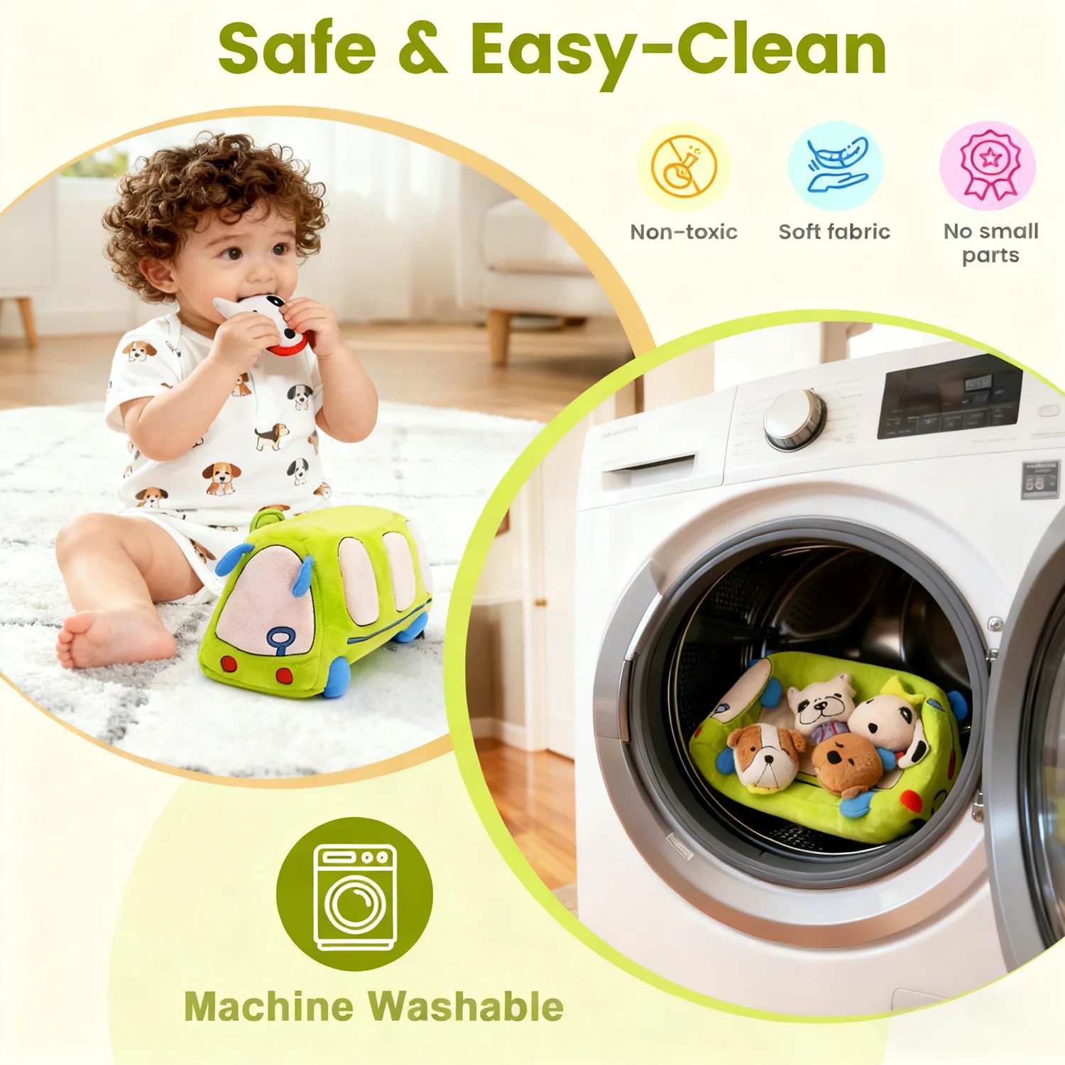 ألعاب مونتيسوري للأطفال بعمر 6 أشهر، حافلة ألعاب حسية مع جراء محشوة، خشخيشة، ورق مجعد، مرآة وصدر صوت #5