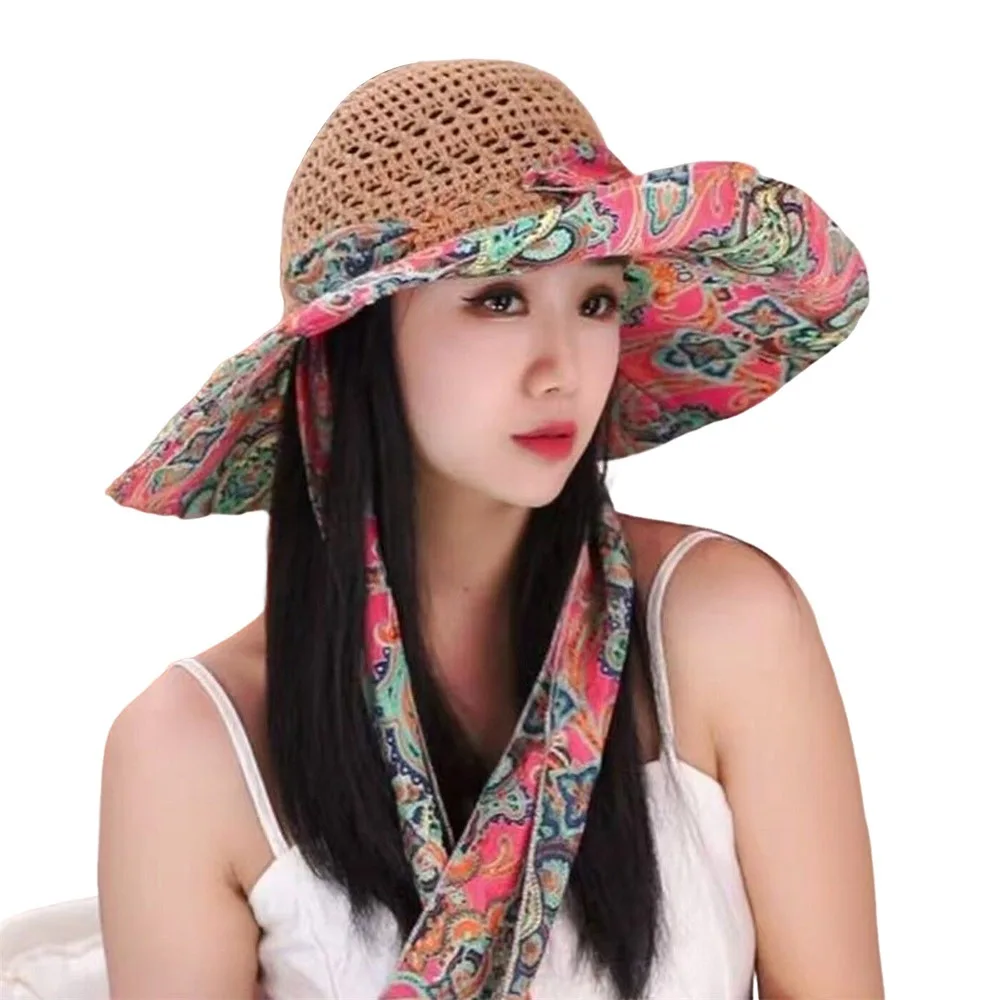 Breathable Beach Straw Hat Exquisite Flower Foldable Flower Sun Hat UV Protection Large Eaves Sun Protection Hat