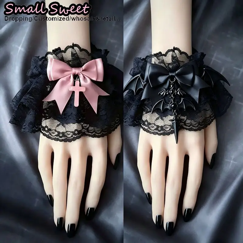 Women Handmade Black Devil Wing Cross Lace Wrist Cuffs Gothic Bowknot Design Subculture Shooting Prop Fashion Lolita Cosplay