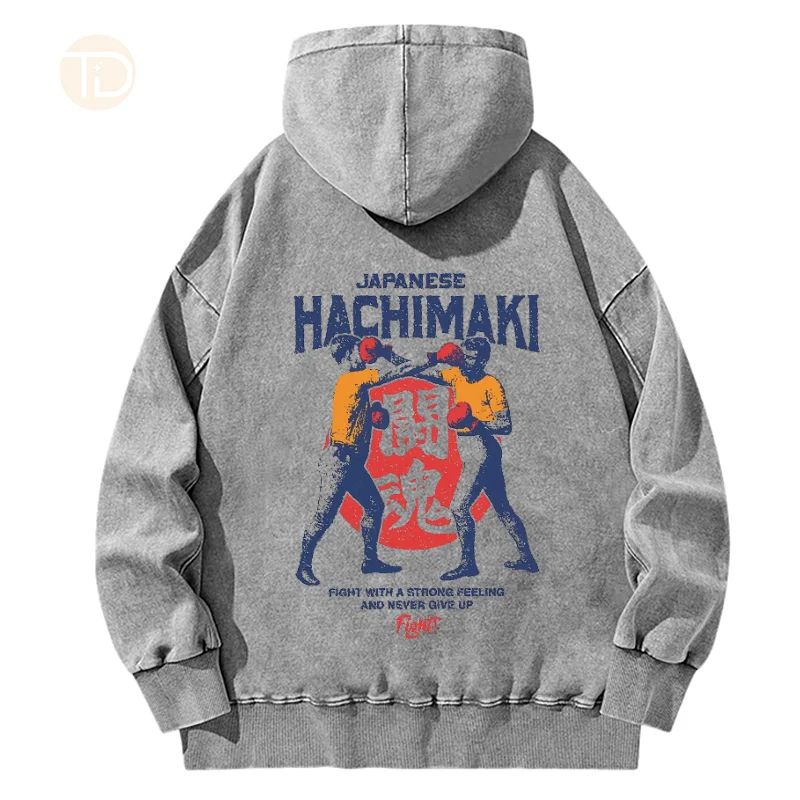 Washed Hoodies For Men, Japanese Hachimaki Graphic Printed Streetwear Men's clothing, 100% Cotton Long Sleeve Hooded Sweatshirts