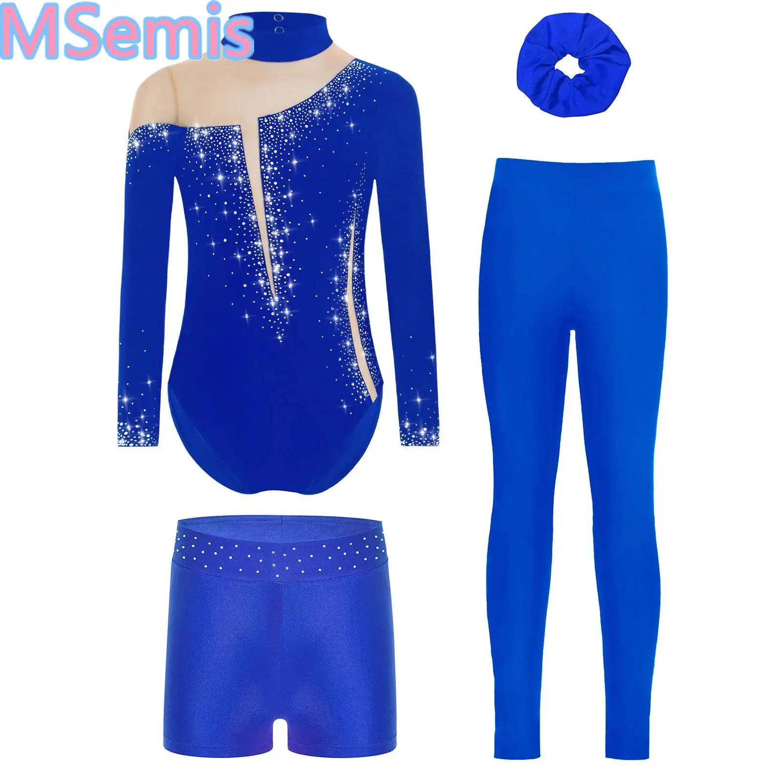 

Kids Girls Gymnastics Dance Sets Long Sleeve Keyhole Back Sheer Mesh Patchwork Leotard with Shorts Leggings And Hairband