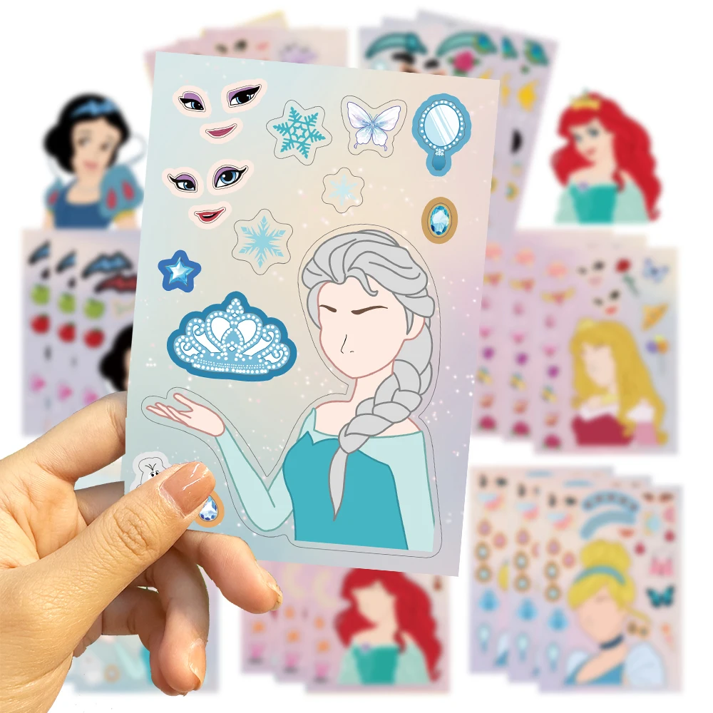 8/16sheets Cute Disney Cartoon Princess Puzzle Stickers Make A Face Children Assemble Jigsaw Decals Toys Kids Party Decorations