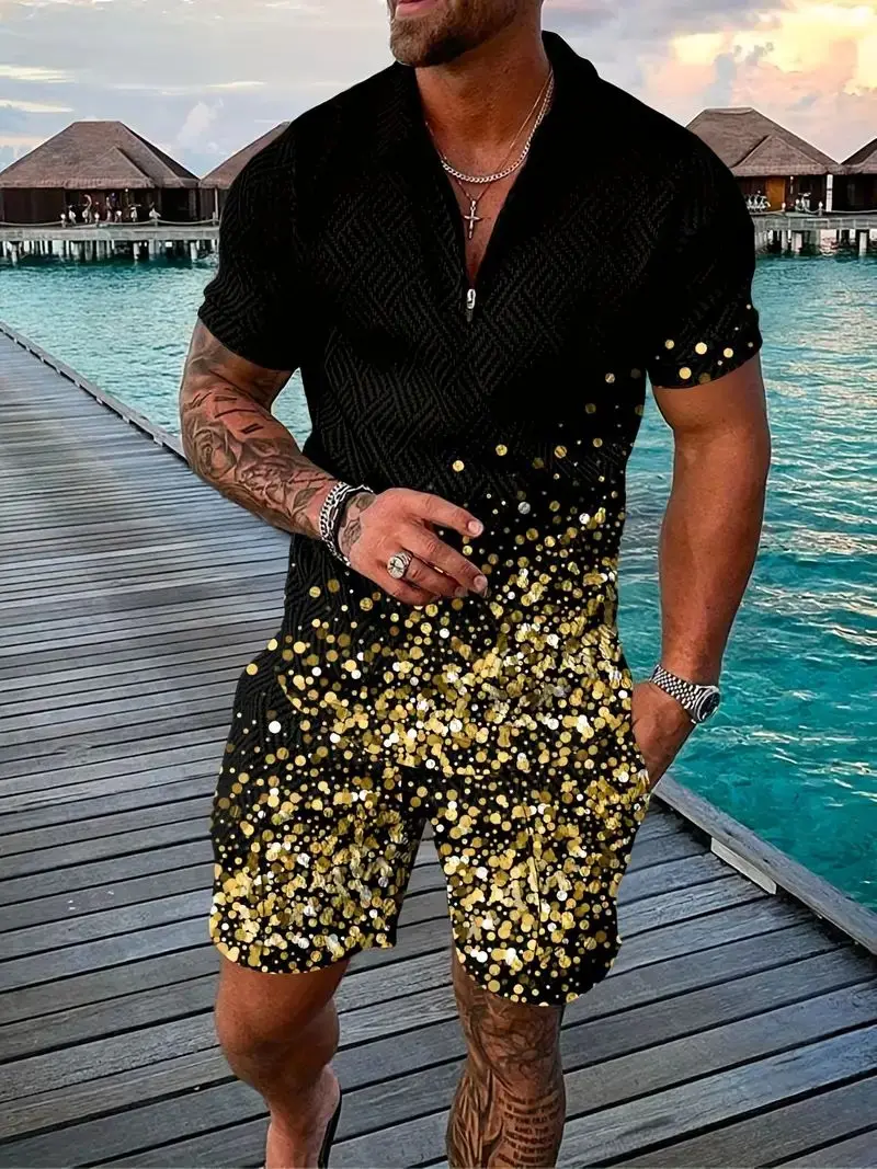 Summer Sequin Splicing 3D Print Men\'s Zipper Collar Tracksuit Trend Polo Shirt Fashion Shorts 2pcs Sets Men\'s Streetwear Set