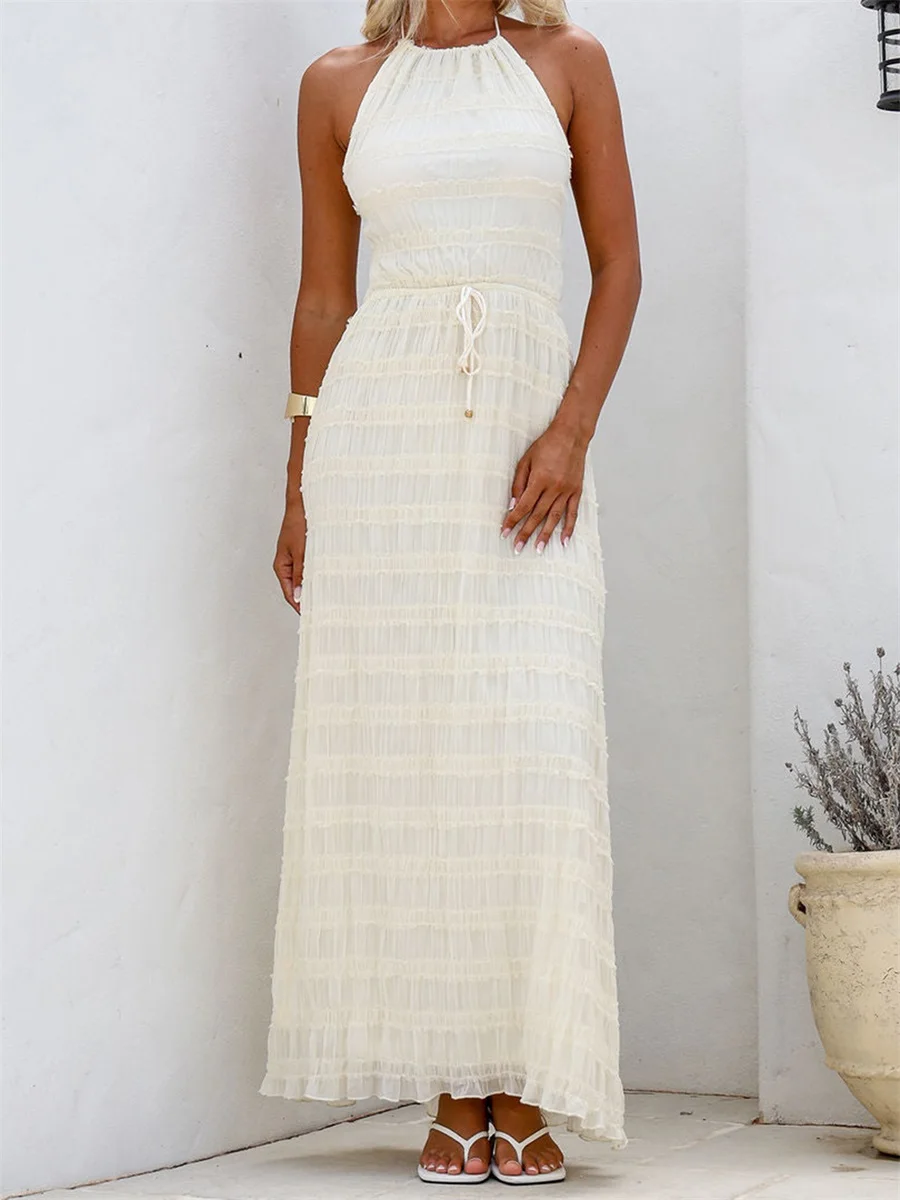 Vestido longo feminino com gola halter e babado em camadas vestido sólido com cordão e cinto sem mangas