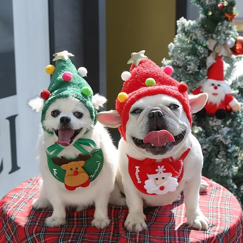 Christmas Puppy Caps Dog Cat Bib Santa Claus Elk Saliva Towel Pet Costumes Autumn and Winter Clothes Cats Hat Pet Accessories