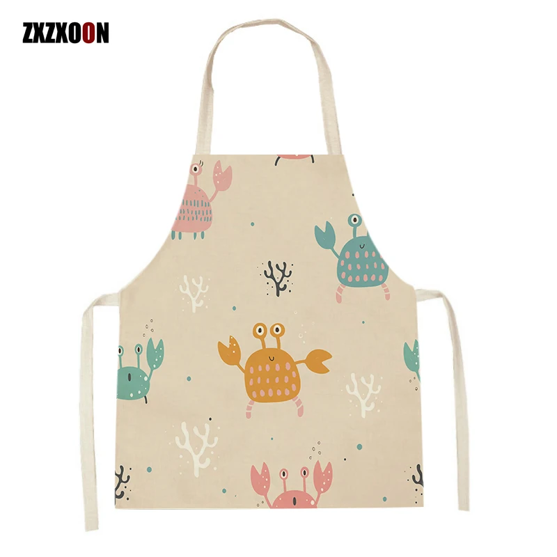 Women Men Animal Flowers Pattern Kitchen Aprons Sleeveless Waist Linen Cooking Apron Deer Hedgehog Shell Crab Fish Printed Apron