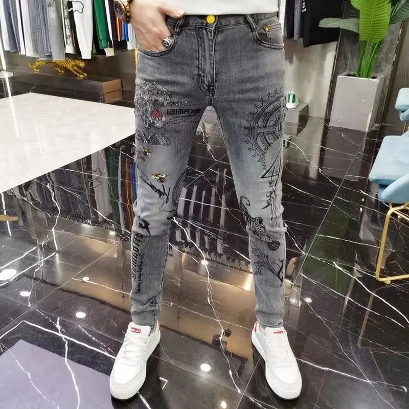 High-end European Korean Men's Slim Fit Jeans with Tiger Diamond Print for Casual Wear Spring Autumn Stretch Luxury Clothing Men