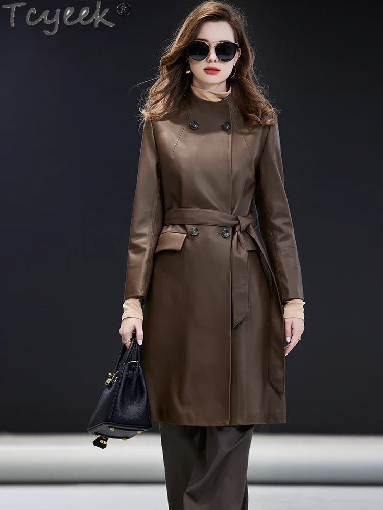 Tcyeek Giacca in vera pelle da donna Elegante cappotti di pelle di pecora naturale 2024 Trench di media lunghezza Donna Abiti invernali Jaqueta Cou