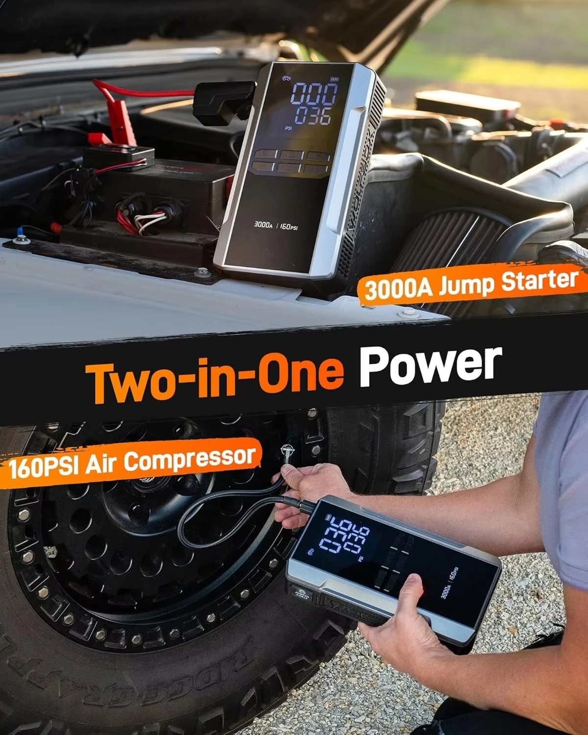 3000A Emergency Start Power Supply, Pneumatic Compressor 59.2Wh 160PSI Portable Car Battery 65W Fast Charging 12V Battery Pack