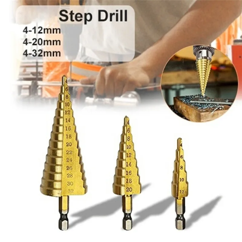 Large HSS Steel Step Cone Drill Titanium Bit Set Hole Cutter 4-12/20/32mm