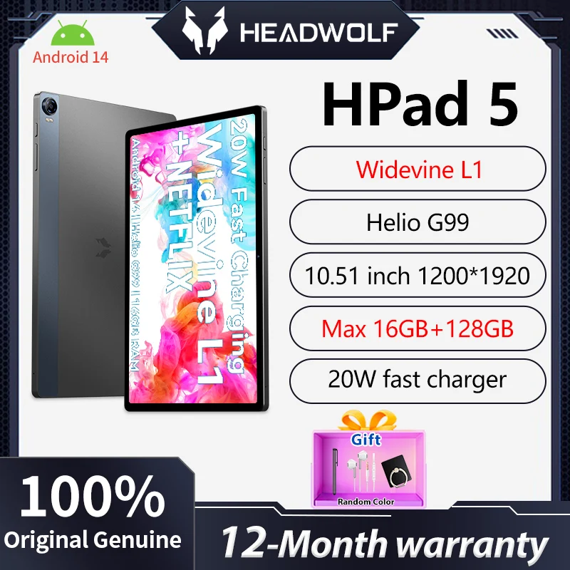 New Headwolf HPad 5 Android 14 Tablet 10.5-inch Helio G99 Max 16GB RAM 128GB ROM Dual SIM pad Widevine L1 8500mAh fast charge