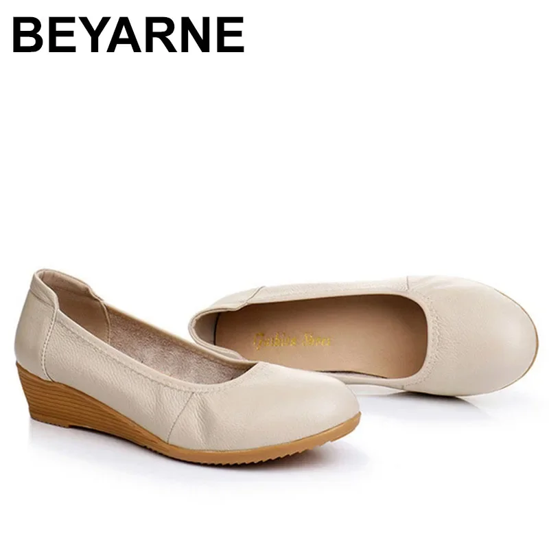 BEYARNE Cow leather wedges shoes women slip on round toe ladies high heel pumps party comfort office lady work wedding shoes