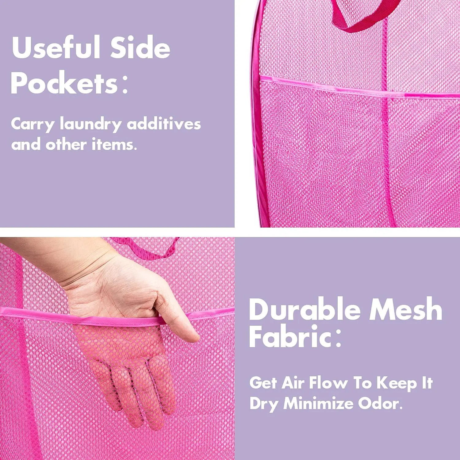 Pop Up Laundry Hamper 70L Collapsible Mesh Basket with Side Pocket and Sturdy Handles for Dorm Bedroom Travel Storage Pink - view 4