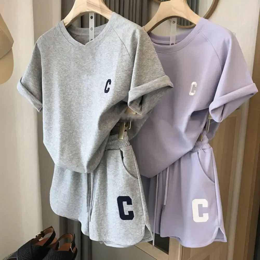 Fashion 2pcs Sets Casual Waffle Fashion Suit Women Summer 2023 Oversize Korean Short-sleeved T-shirt + Shorts Letter Embroidery