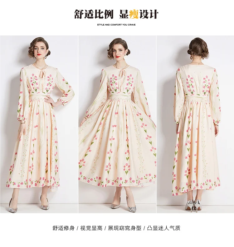 2024 Spring New Apricot Silk Flower Printed Long sleeved Dress for Women O-Neck Spliced Waist Slimming A-line Skirt Long Dress