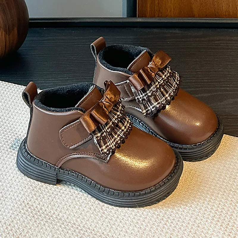 

Элегантные зимние ботинки для девочек, непромокаемые плюшевые ботинки из искусственной кожи для девочек, хлопковая обувь из искусственного меха для детей, бархатные теплые сапоги для детей