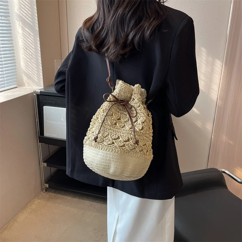 Shoulder Bag Brown Bucket Woven Bag Retro Adjustable Straps Drawstring Straw Bag Summer Beach Pouch Daily Handbags