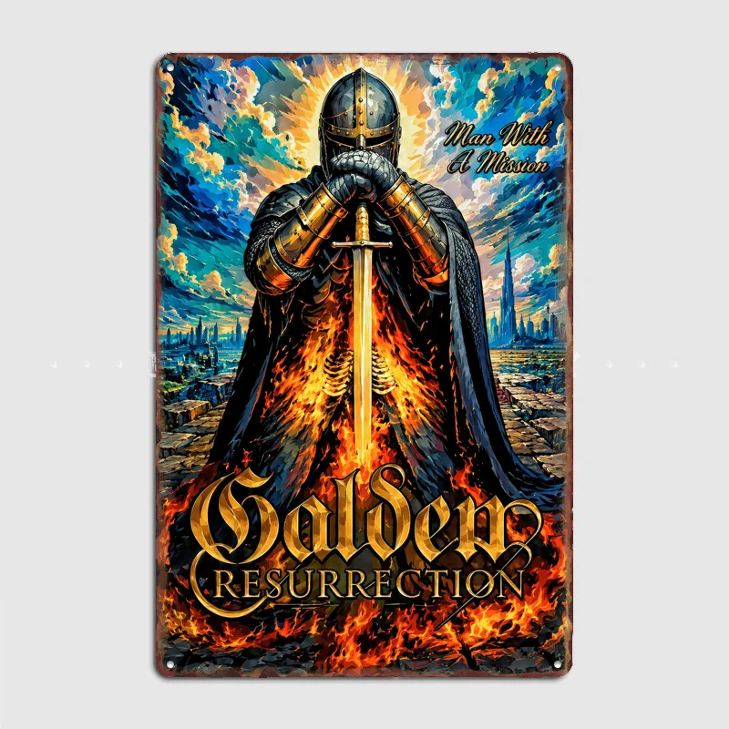 Knight with Fiery Sword Retro Poster Metal Posters Sign Indoor Outdoor Room Decoration Home Bar Decor Wall Decor