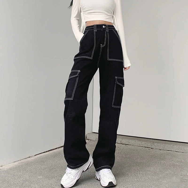 

Streetwear Pockets Black Cargo Jeans Women High Waist Straight Denim Trousers Woman 2023 Harajuku Wide Leg Long Pants