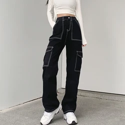 Streetwear Pockets Black Cargo Jeans Women High Waist Straight Denim Trousers Woman 2023 Harajuku Wide Leg Long Pants
