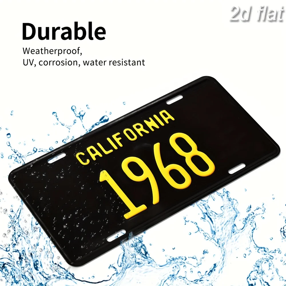 Vintage California 1968 Metal Car Front License Plate - Black with Yellow Lettering, Dustproof & Waterproof, 6.0x12.0 Inches - P