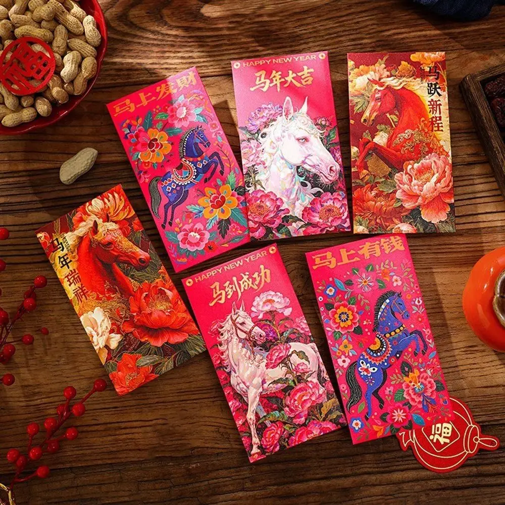 

6pcs 2026 Horse Year New Year Red Envelopes Cartoon Chinese Style Spring Festival Envelope Paper Traditional Gift Bag