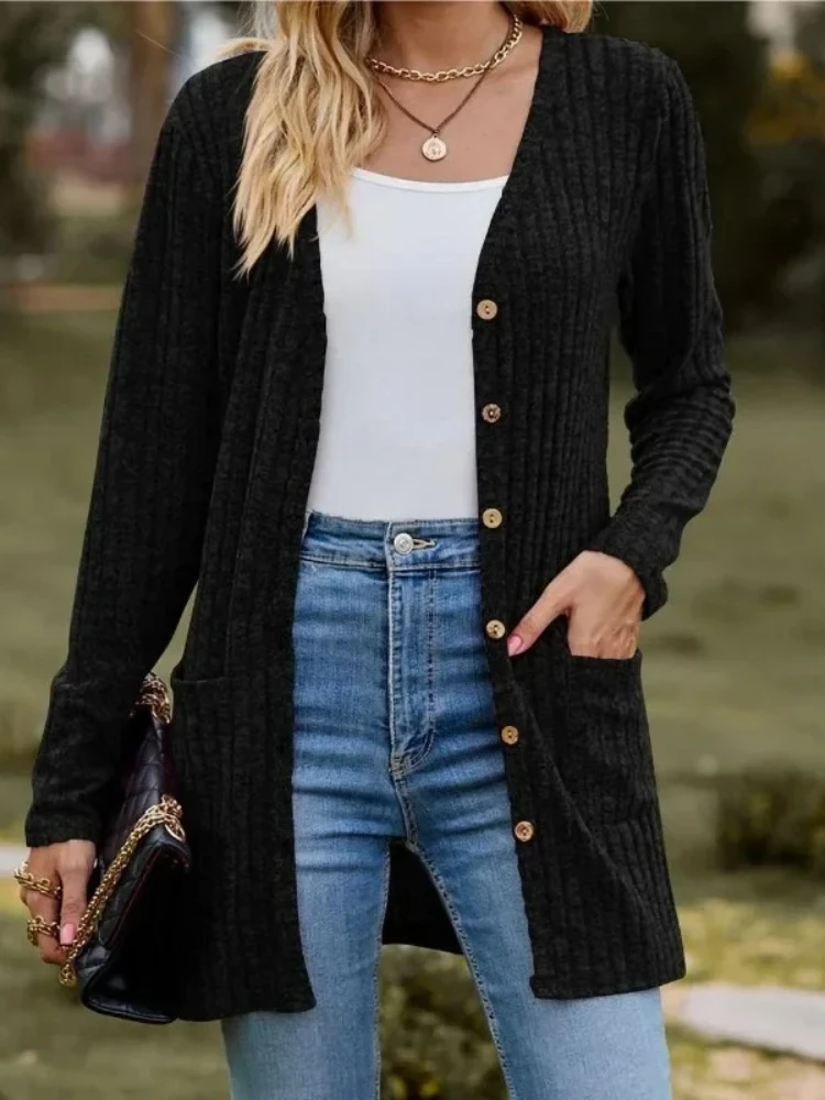 Autumn New Women's Milled Pit Stripe V-Neck Solid Colour Button Long Sleeve Ladies Casual Extensions Cardigan Jacket Coat