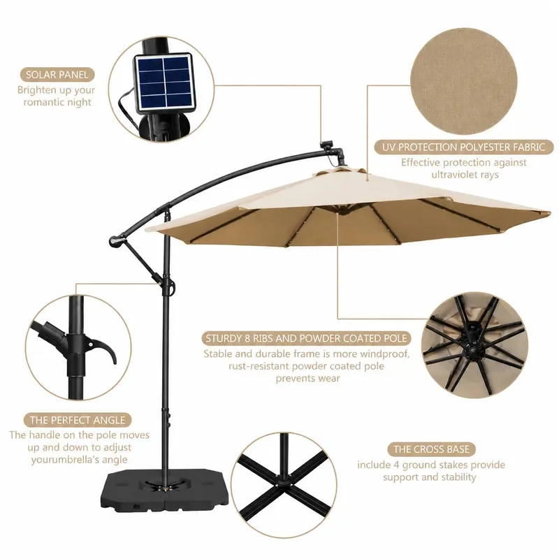 Outdoor Solar LED Banana Umbrella Garden Parasol with Light Large Patio Sunshade for Advertising Guard Booth and Outdoor Use
