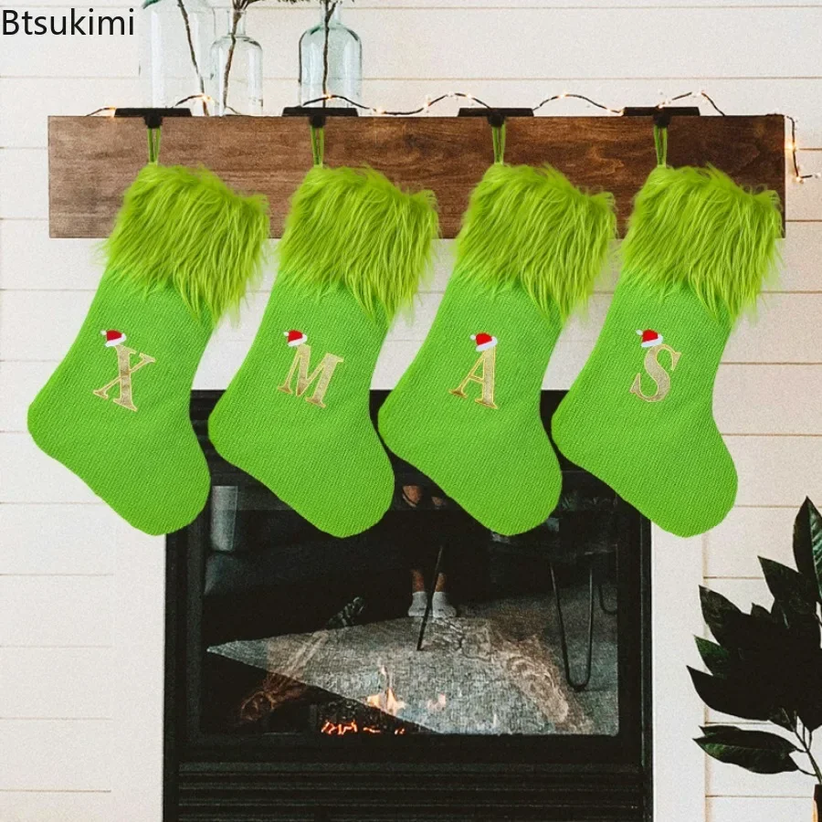 2026 Green Letters Christmas Stocking New Knitting Christmas Tree Pendant Decorations Home Xmas Gift Alphabet Christmas Socks