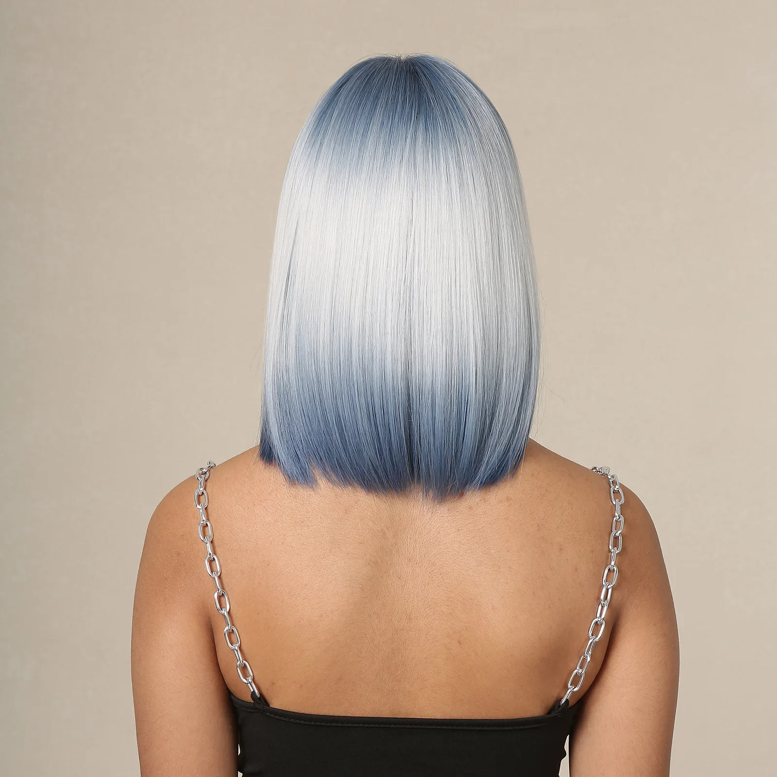 Peruca de cabelo sintético com franja para mulheres, ombre, loiro, azul, ombro, longo, reto, diário, cosplay, substituição