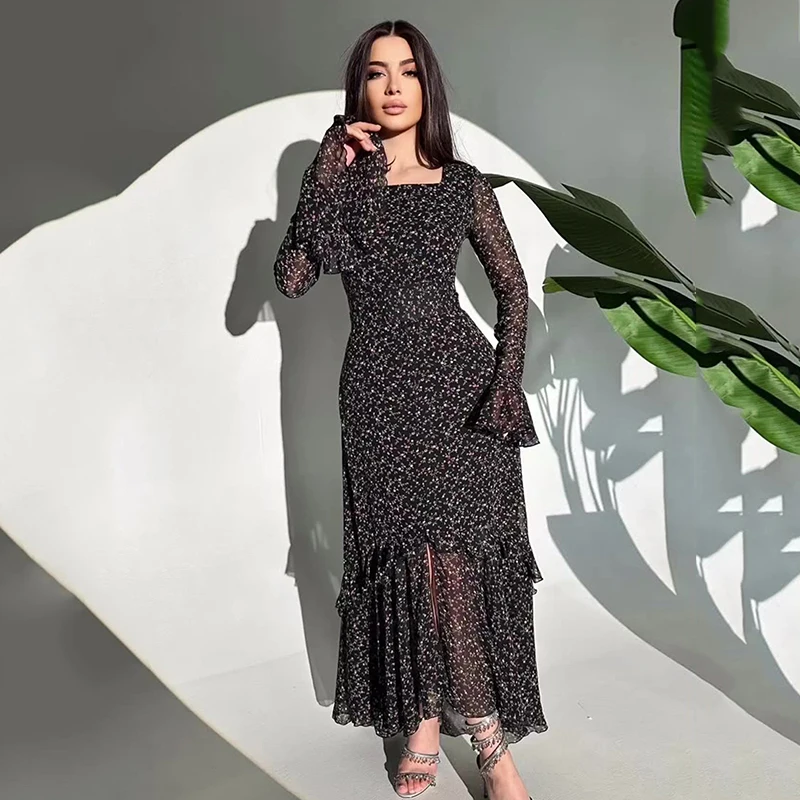 Women\'s High Waist Slim Maxi Dress Elegant Fresh Sweet Printed Chiffon Dress Asymmetrical Layered Lotus Sleeve Tie Dresses