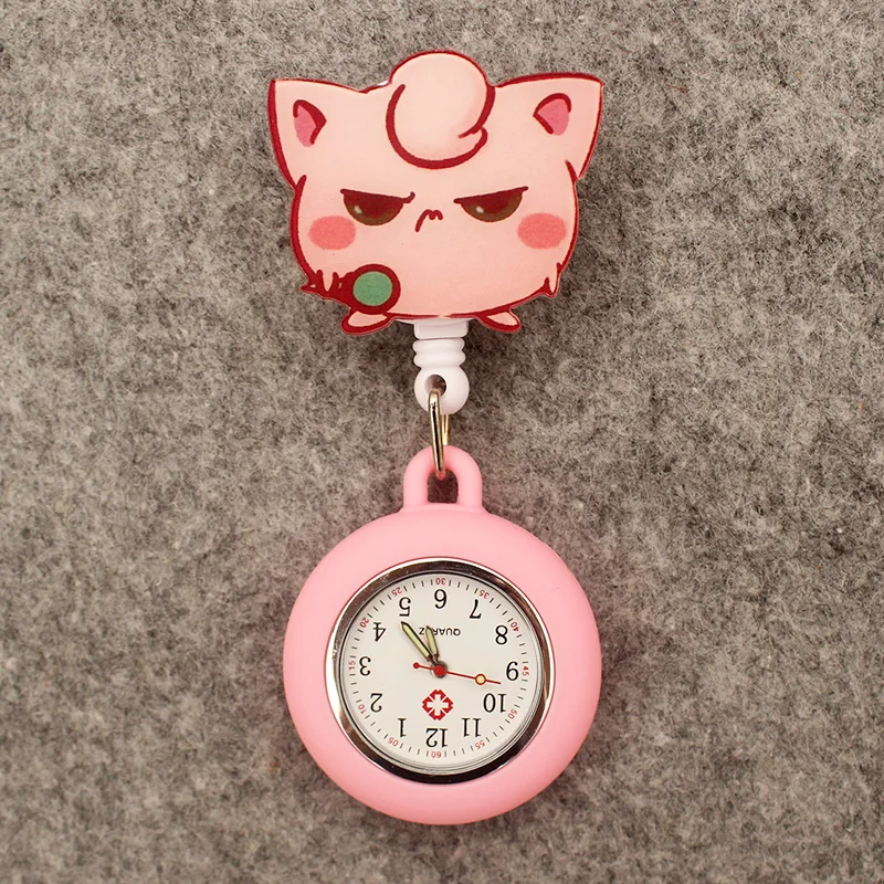 Cute Orange Duck Pink Cat Style Pocket Watch Retractable And With Clip For Men And Women