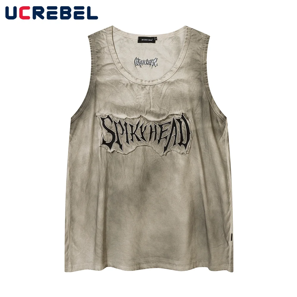 

Patch Letter Distressed Tank Top Mens Summer High Street Crew Neck Ripped Loose Sleeveless Singlets Men