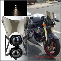 4'' E4 Emark Motorcycle 12V Twin Headlight w/ Bracket Streetfighter Projector Dual Sport Front Headlamp Assembly w/ Windscreen