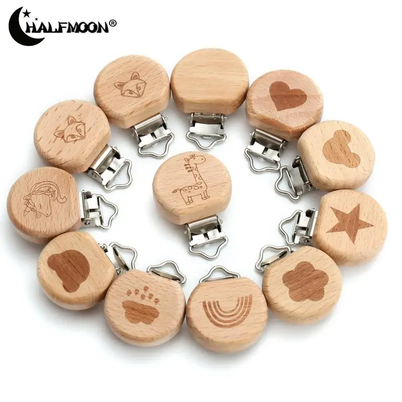 5Pcs Beech Pacifier Clips  Rainbow Flower Heart Animal Elephant Round Star Shaped Wooden Clip Baby pacifier Chain Accessories