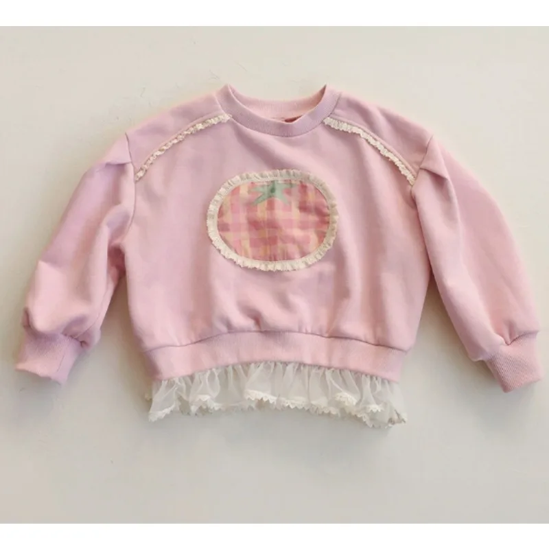 

2026 Spring New Product Korean Children's Girls' Western Style Lace Cute Printed Round Neck Loose Hoodie