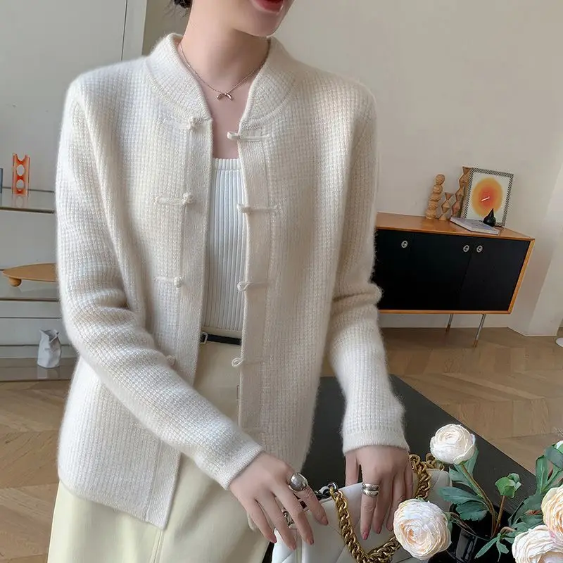 Chinese Style Frog Mock Neck Knitting Cardigan Coat Women Autumn Winter Warm Sweater Elegant All-match Temperament Knitwear Tops